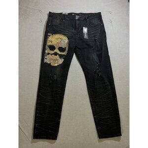 Waimea Graffiti Skull Jeans Mens 42x31 Black Distressed Pocketed‎ Street Wear.